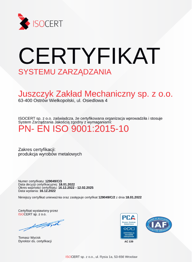 certyfikat ISO 